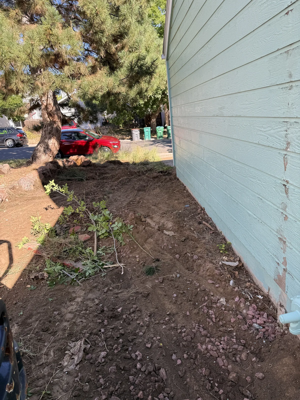 Before — side yard before foundation repair and grading